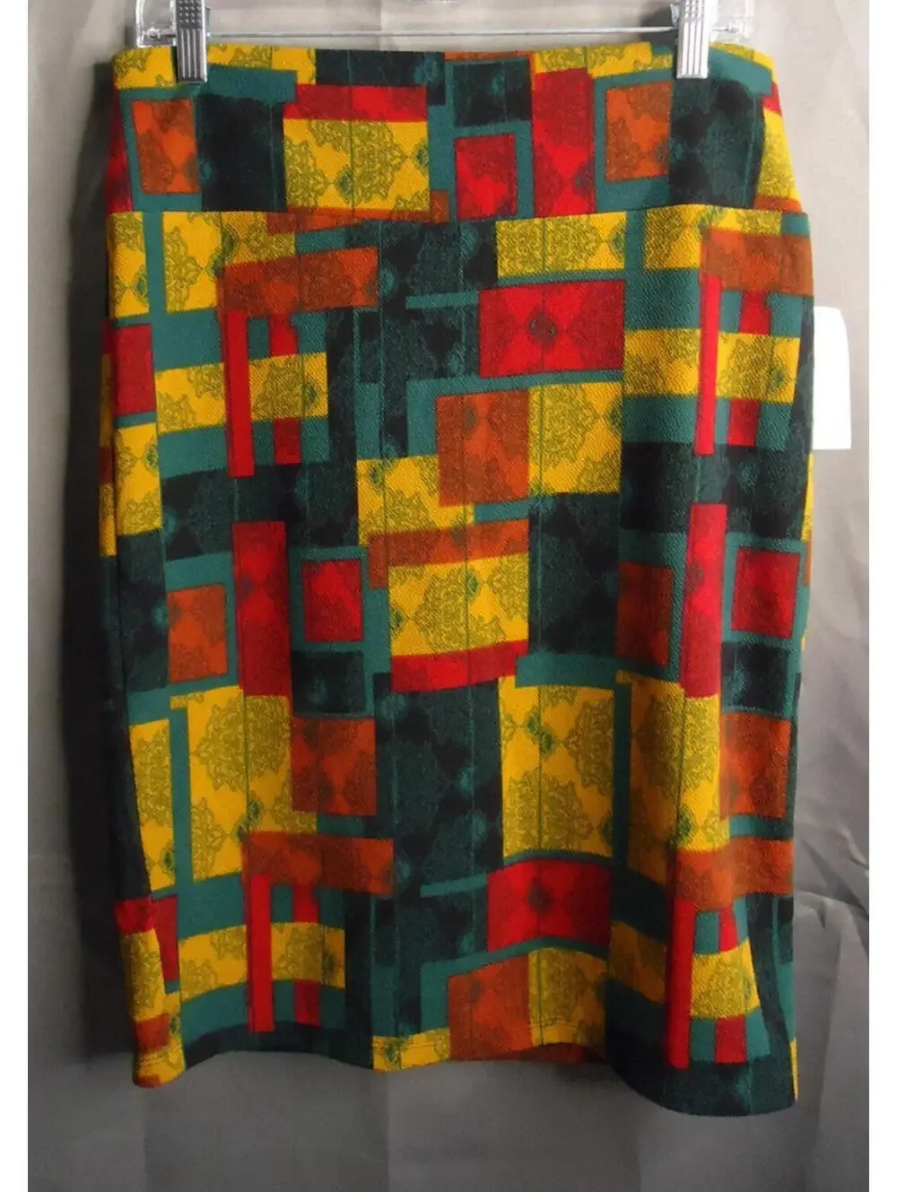 LulaRoe Cassie Stretch Pencil Skirt Multicolor Geometric Art To Wear Print Large